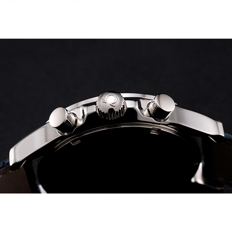 SS Replica Watches Omega Chronograph Black Dial Stainless Steel Case Blue Leather Strap-8