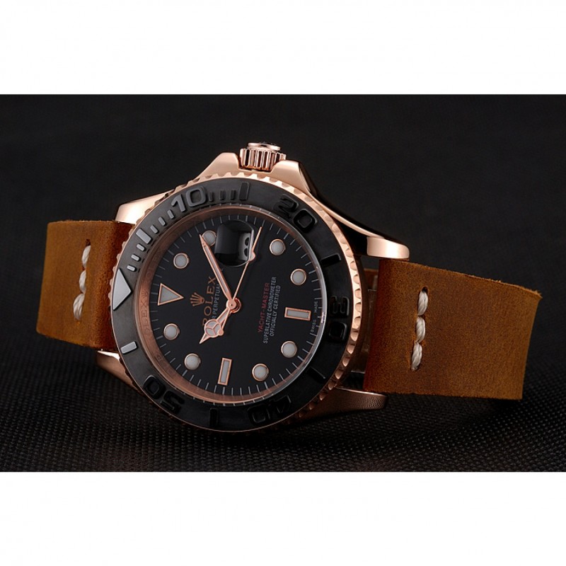 Luxury Replica Watches Rolex Yacht Master Black Dial Rose Gold Case Brown Leather Bracelet 1453861-2