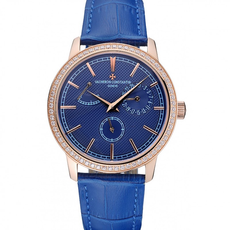 Vacheron Constantin Patrimony Power Reserve Blue Dial Gold Diamond Case Blue Leather Bracelet 1454270-0