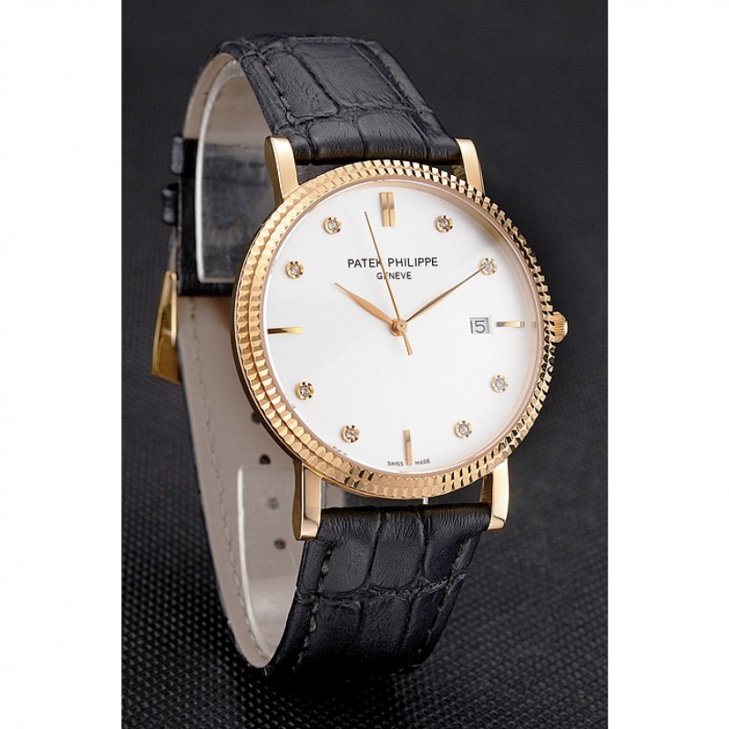 Patek Philippe Calatrava White Dial Diamond Hour Marks Ribbed Bezel Gold Case Black Leather Strap-2