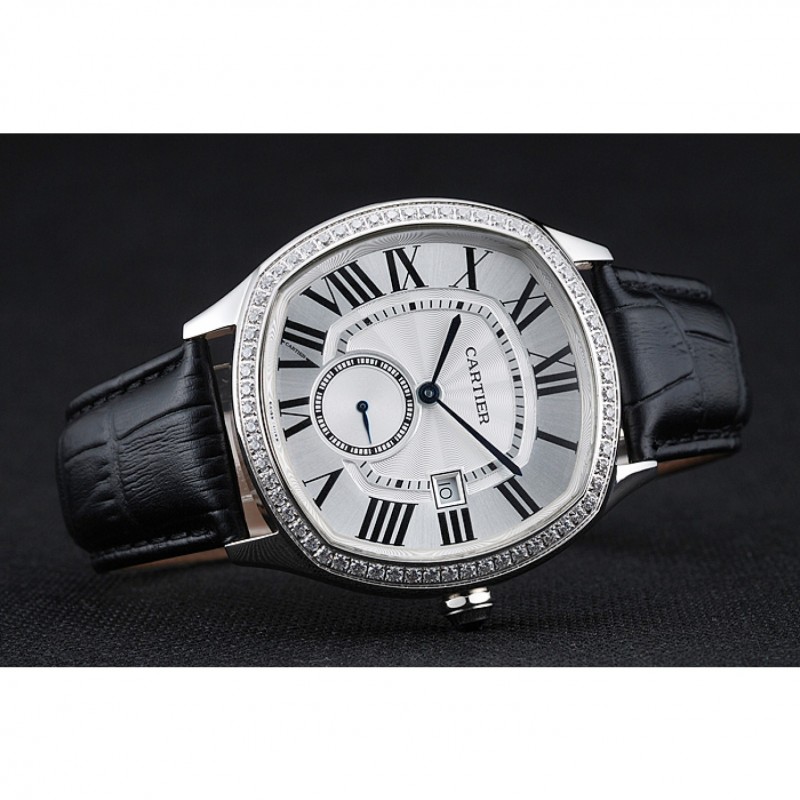 Cartier Drive De Cartier White Dial Silver Diamond Case Black Leather Bracelet 1454215-4