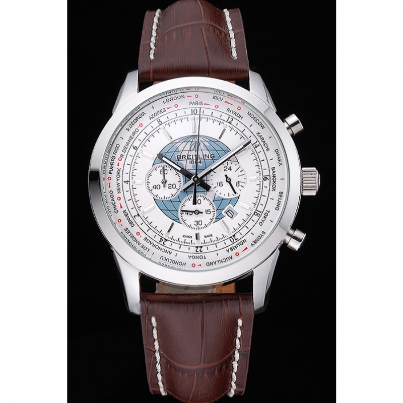 Breitling Transocean Chronograph Unitime White Dial Stainless Steel Case Brown Leather Bracelet 622244-1