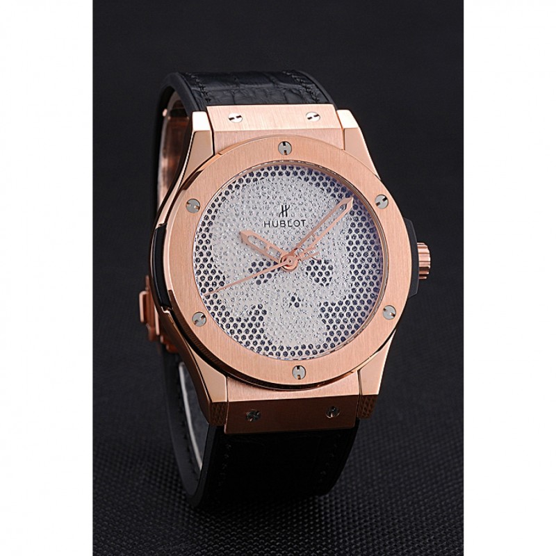 Hublot Classic Fusion Diamond Skull Dial Gold Case Black Leather Strap 622816-2