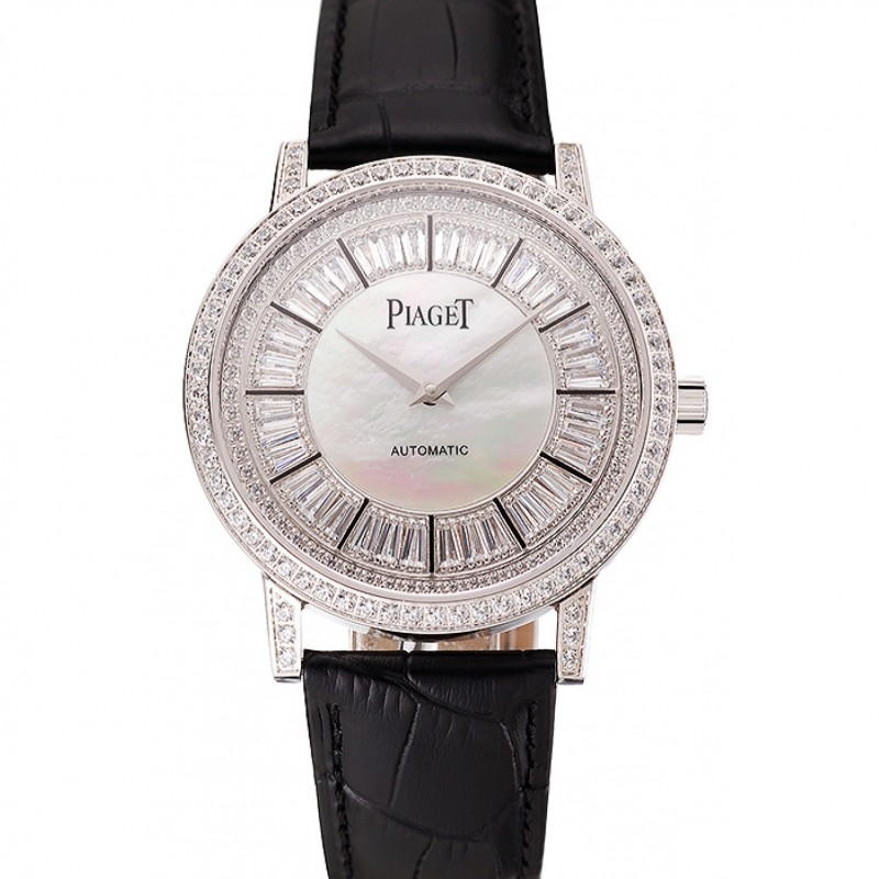Swiss Piaget Altiplano Diamond Set Stainless Steel Case And Pearl Dial Black Leather Strap 1453746-0