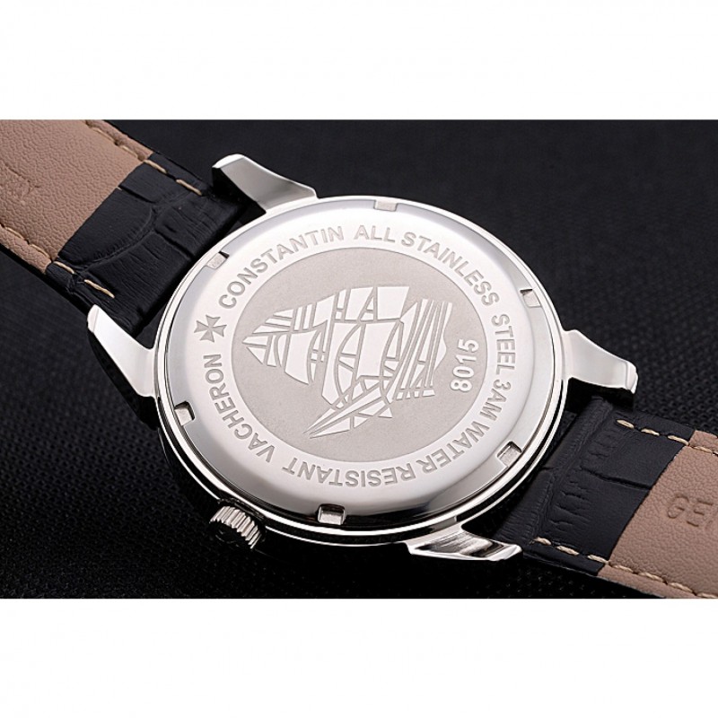 Vacheron Constantin Traditionnelle Black Ship Dial Stainless Steel Case Black Leather Strap-7