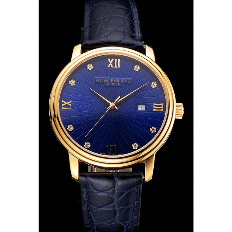 Cheap Replica Watches Patek Philippe Calatrava Date Blue Embossed Dial Gold Case Blue Leather Strap-1