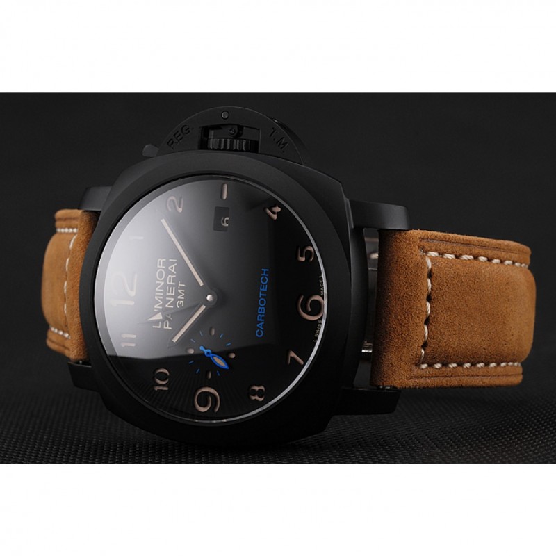 Swiss Panerai Luminor GMT Carbotech Black Dial Black Case Brown Leather Strap-4