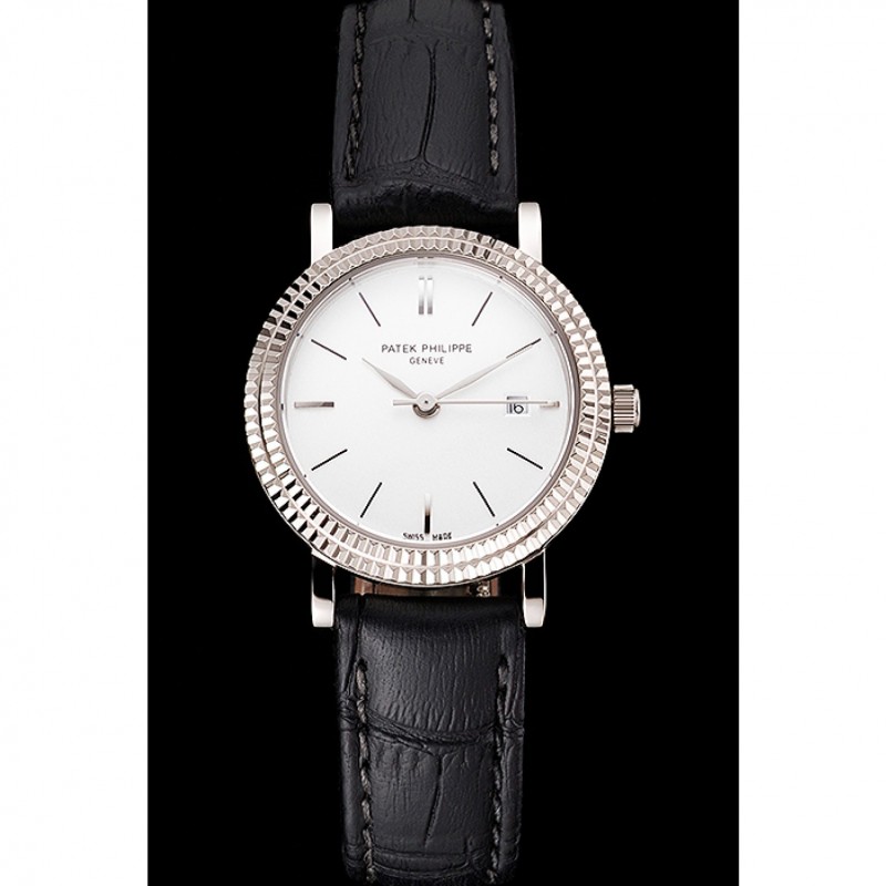 Cheap Patek Philippe Calatrava White Dial Double Ribbed Bezel Stainless Steel Case Black Leather Strap-1