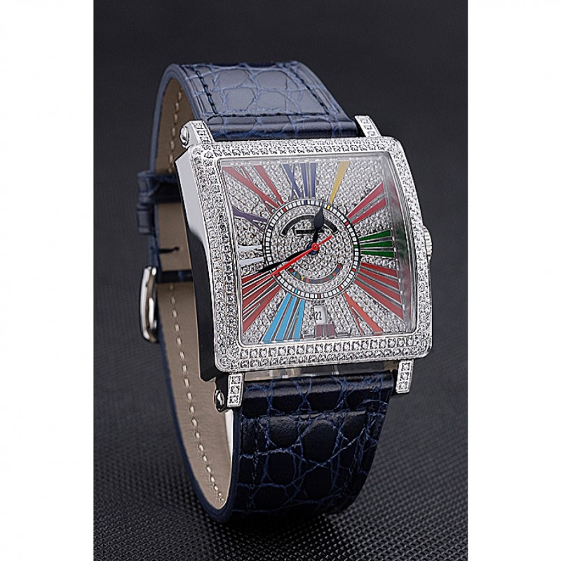 High Quality Replica Watches Franck Muller Master Square Color Dreams Diamonds Dial Diamonds Case Blue Leather Strap 622359-1