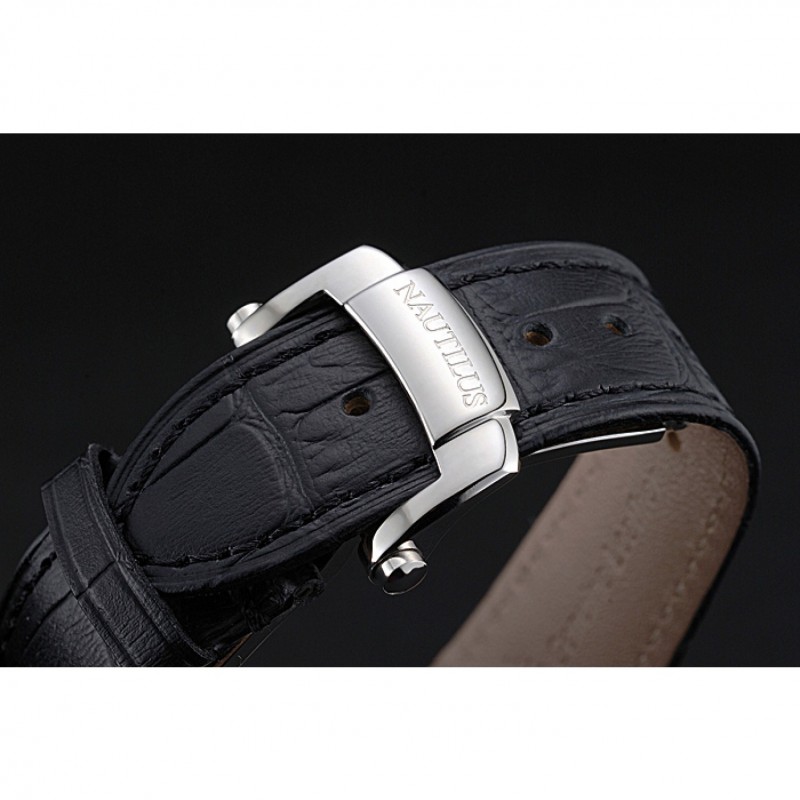 Patek Philippe Nautilus White Dial Brushed Stainless Steel Case Black Leather Strap-5