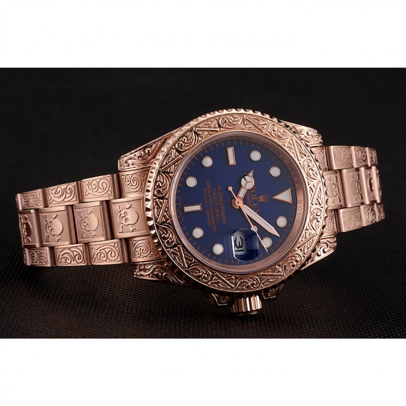 Swiss Rolex Submariner Skull Limited Edition Blue Dial Rose Gold Case And Bracelet 1454085-3