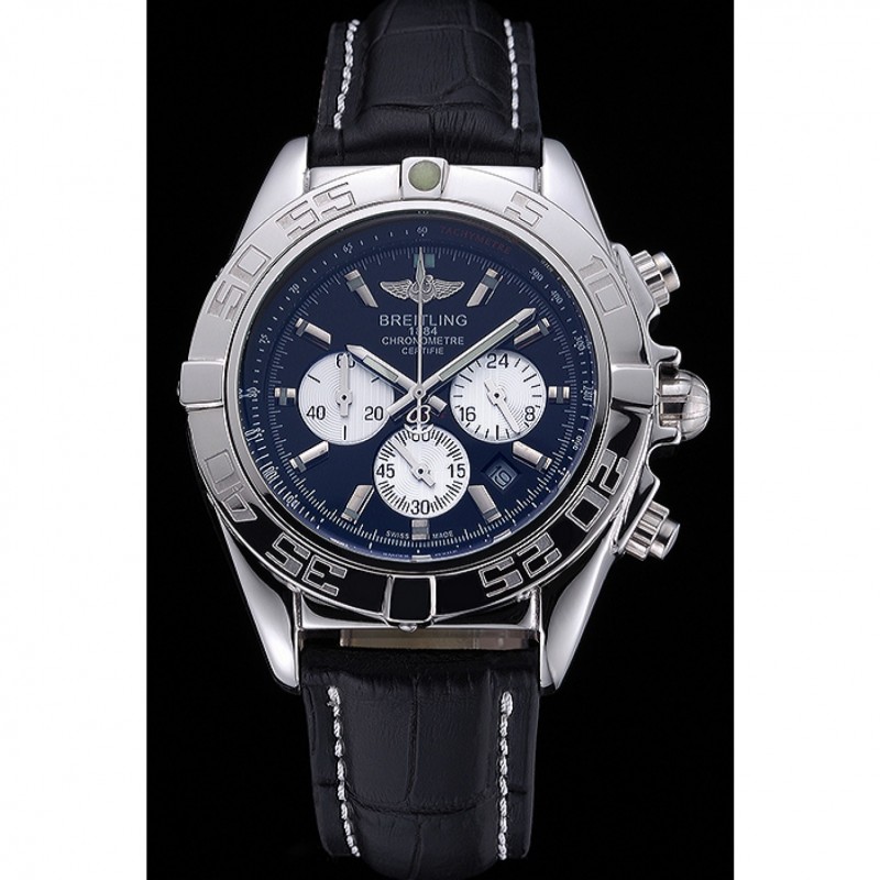 High Quality Breitling Chronomat 44 Black Dial with White Subdials Black Leather Bracelet 622511-1
