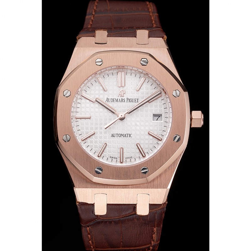 Swiss Audemars Piguet Royal Oak White Dial Gold Case Brown Leather Strap-1