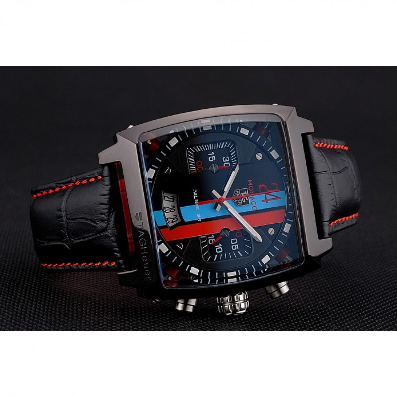 SS Replica Watches Tag Heuer Monaco Calibre 36 Blue And Red Dial Stripes Dial Black Leather Strap 622272-3