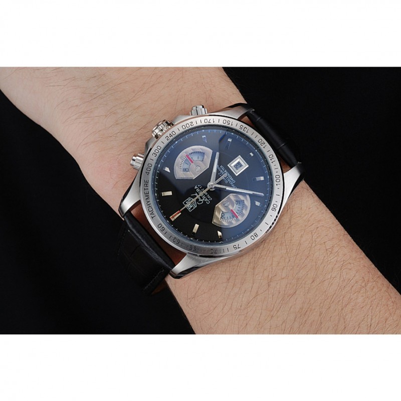 SS Tag Heuer Carrera Tachymeter Bezel Black Dial Black Leather Strap-8