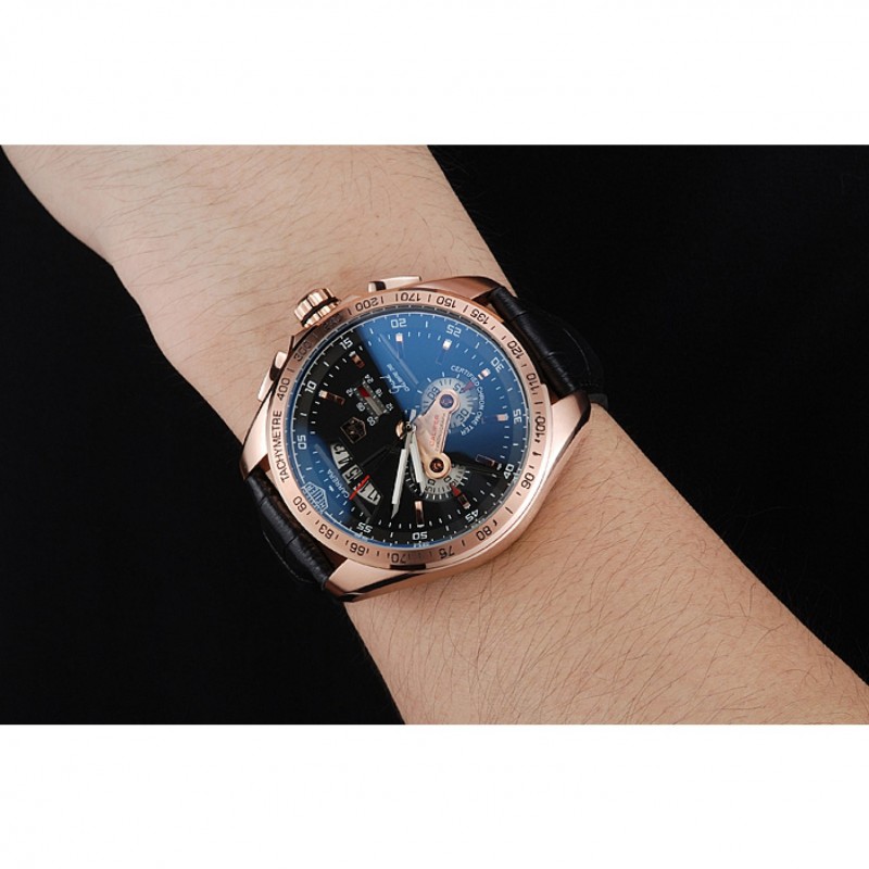 Tag Heuer Carrera Rose Gold Bezel with Black Dial and Black Leather Strap 621538-8