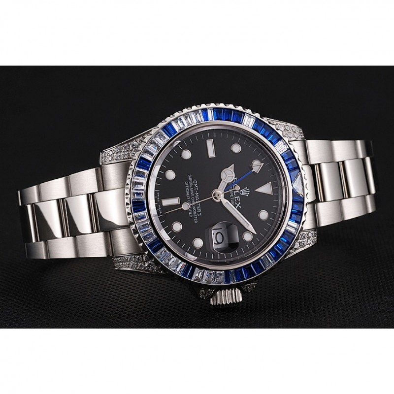 Cheap Replica Watches Swiss Rolex GMT Master II Black Dial Stone Set Bezel Stainless Steel Case And Bracelet 1453747-4
