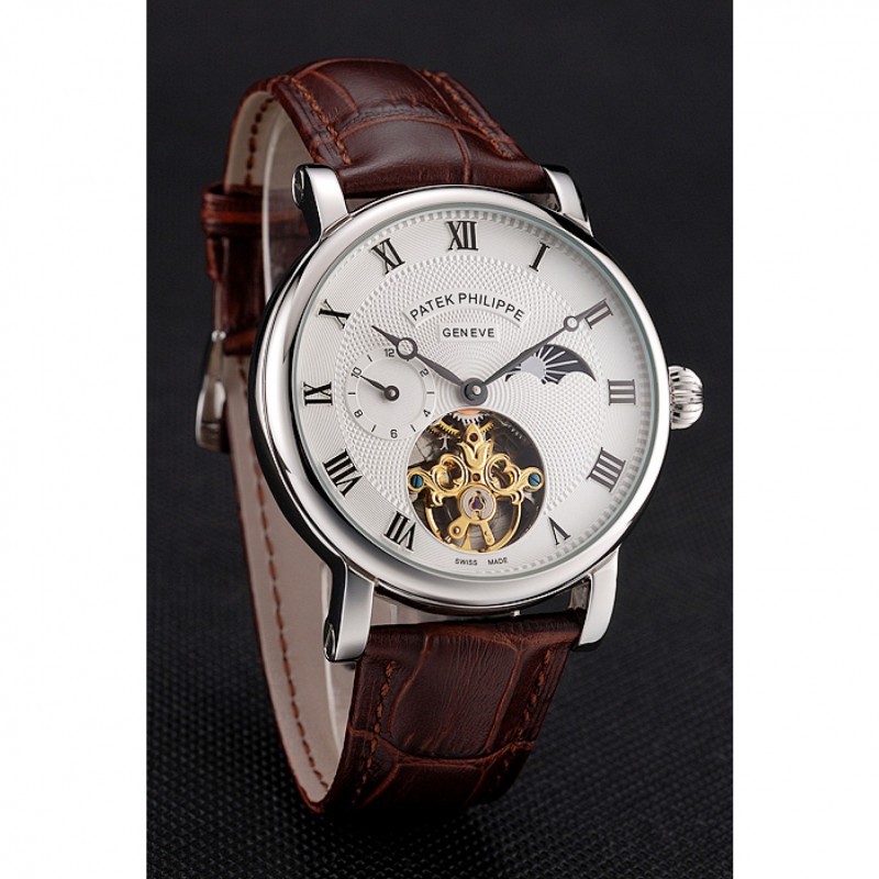 Patek Philippe Complications Moonphase Tourbillon White Dial Stainless Steel Case Brown Leather Strap-2