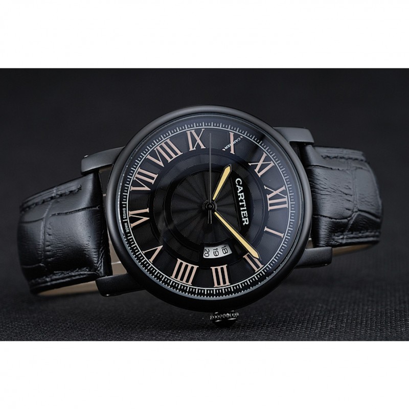 SS Cartier Rotonde Black Dial Black Case Black Leather Bracelet 1454218-4