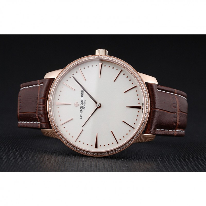 Swiss Vacheron Constantin Patrimony Grand Taille White Dial Rose Gold Diamonds Case Brown Leather Bracelet 1454171-3