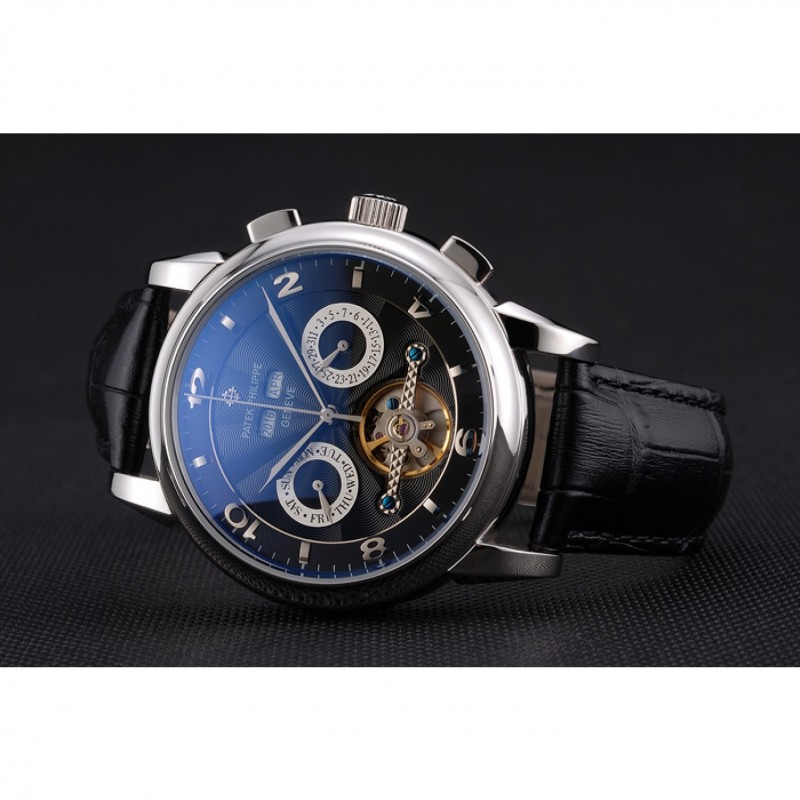 Patek Philippe Perpetual Calendar Tourbillon Black Dial Stainless Steel Case Black Leather Strap-4
