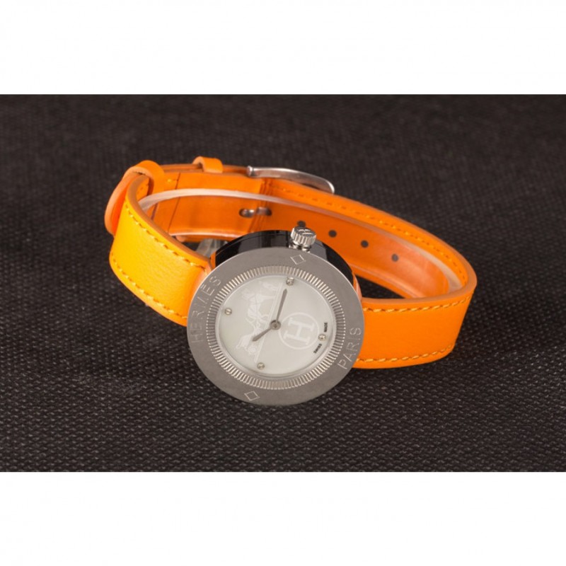 Hermes Classic MOP Dial Orange Leather Bracelet 801390-5