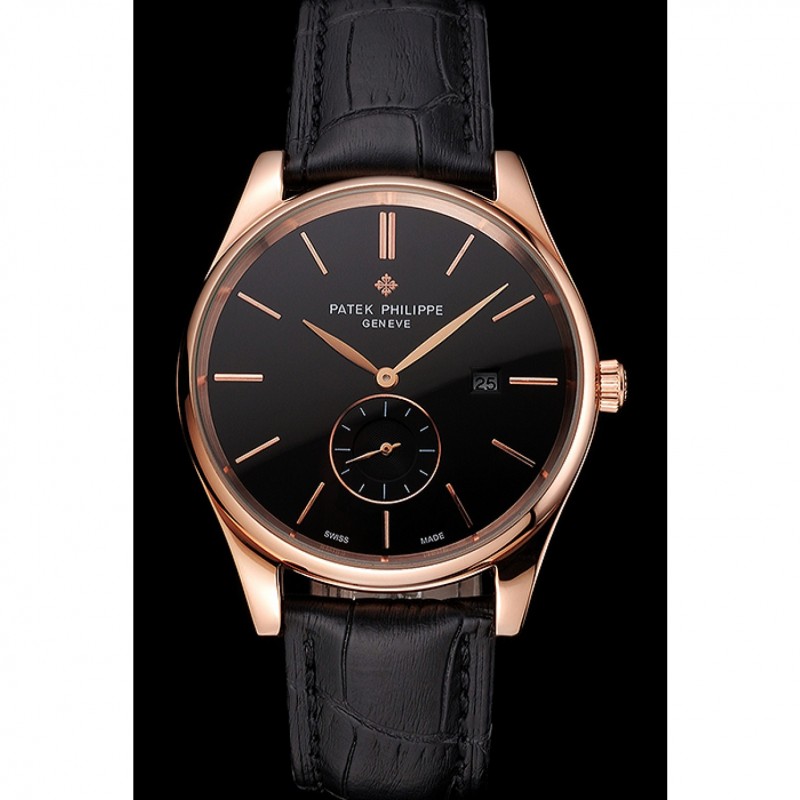 Patek Philippe Calatrava Date Black Dial Rose Gold Case Black Leather Strap-1
