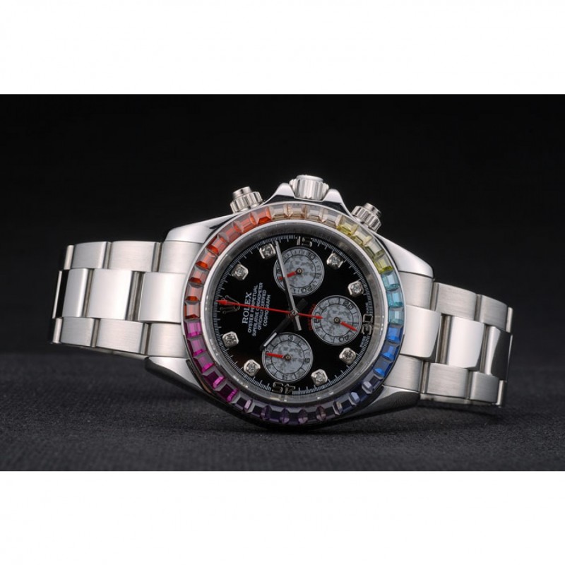 Rolex Daytona Cosmograph Rainbow Crystals Bezel Stainless Steep Strap Black Dial 80250-4