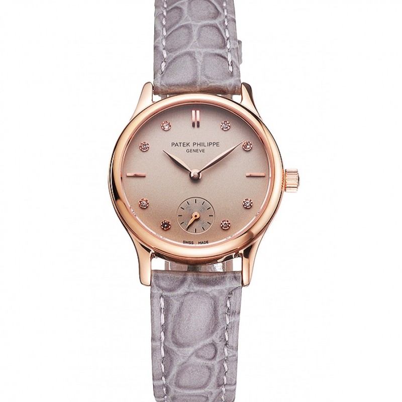 Patek Philippe Calatrava Gray Dial Diamond Markings Rose Gold Case Gray Leather Strap-0