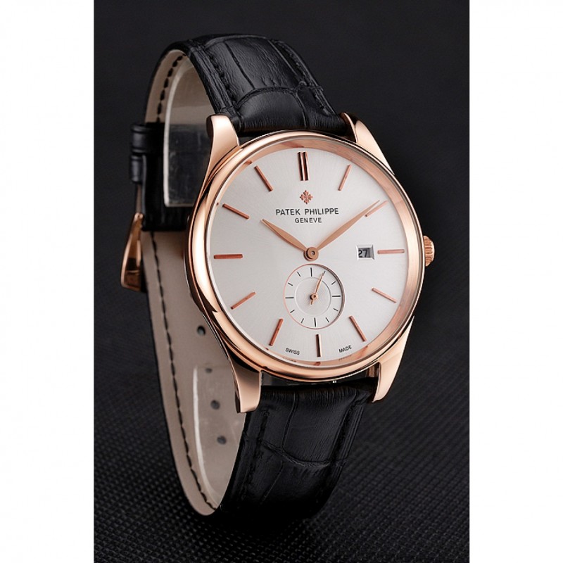 Patek Philippe Calatrava Date White Dial Rose Gold Case Black Leather Strap-2