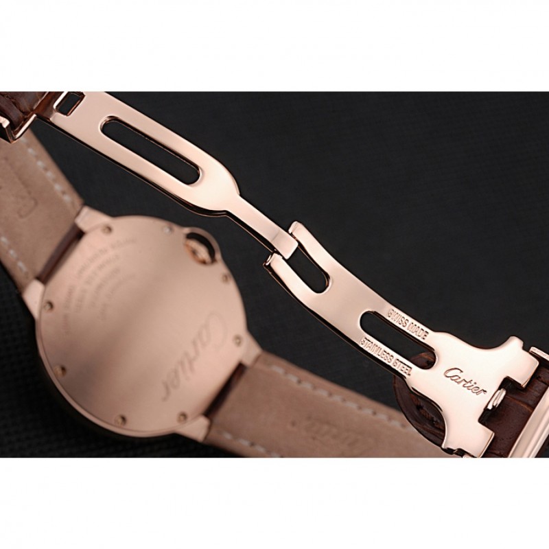 Best Replica Watches Swiss Ballon Blue De Cartier Gold Case White Dial Roman Numerals Brown Leather Bracelet 622651-6