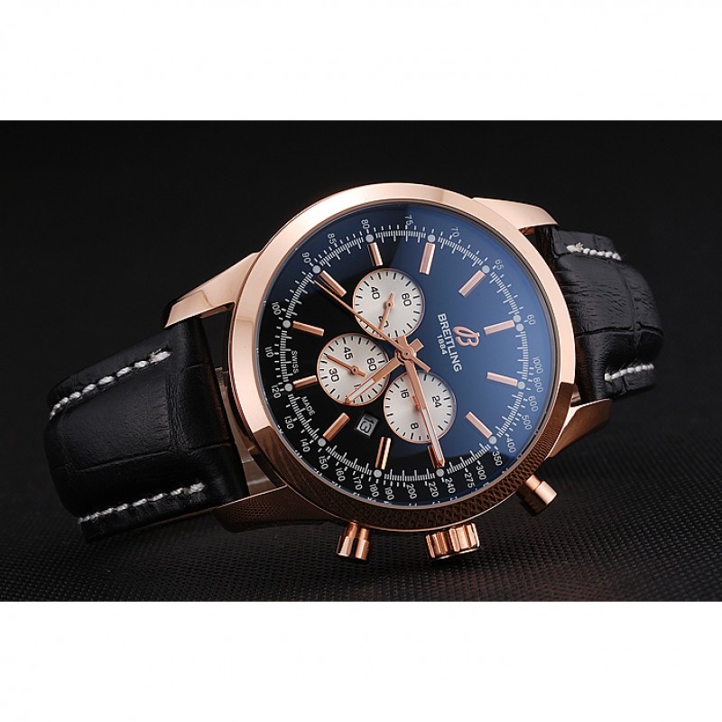 High Quality Replica Watches Breitling Transocean Black Dial Black Leather Strap Rose Gold Bezel 98204-4