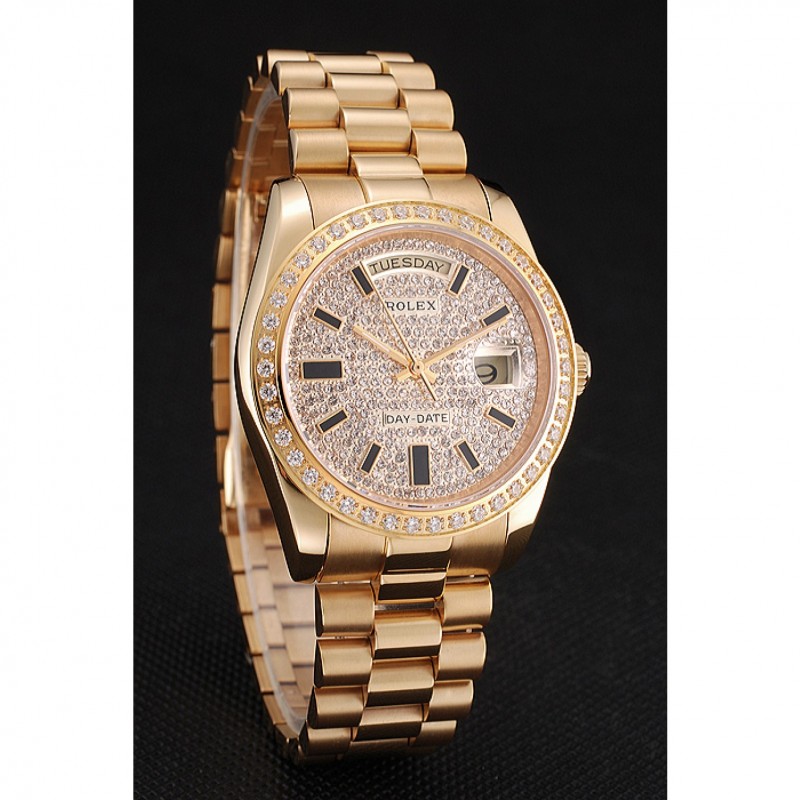 Swiss Rolex Day Date Diamond Pave Dial And Bezel Gold Case And Bracelet-2