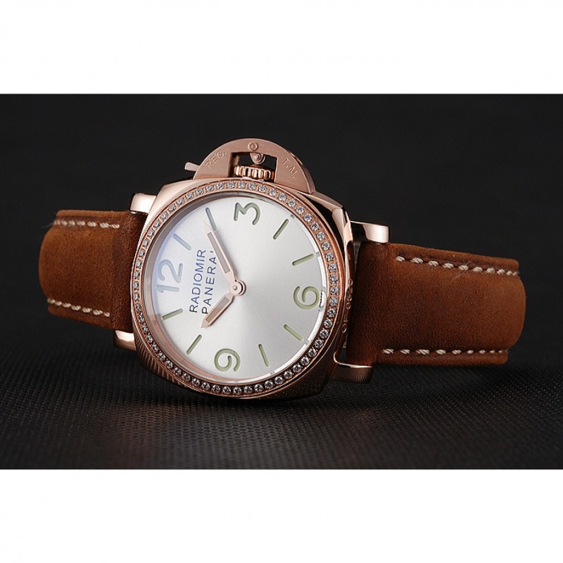 AAA Panerai Radiomir White Dial Diamond Bezel Rose Gold Case Brown Suede Leather Strap 1453799-3