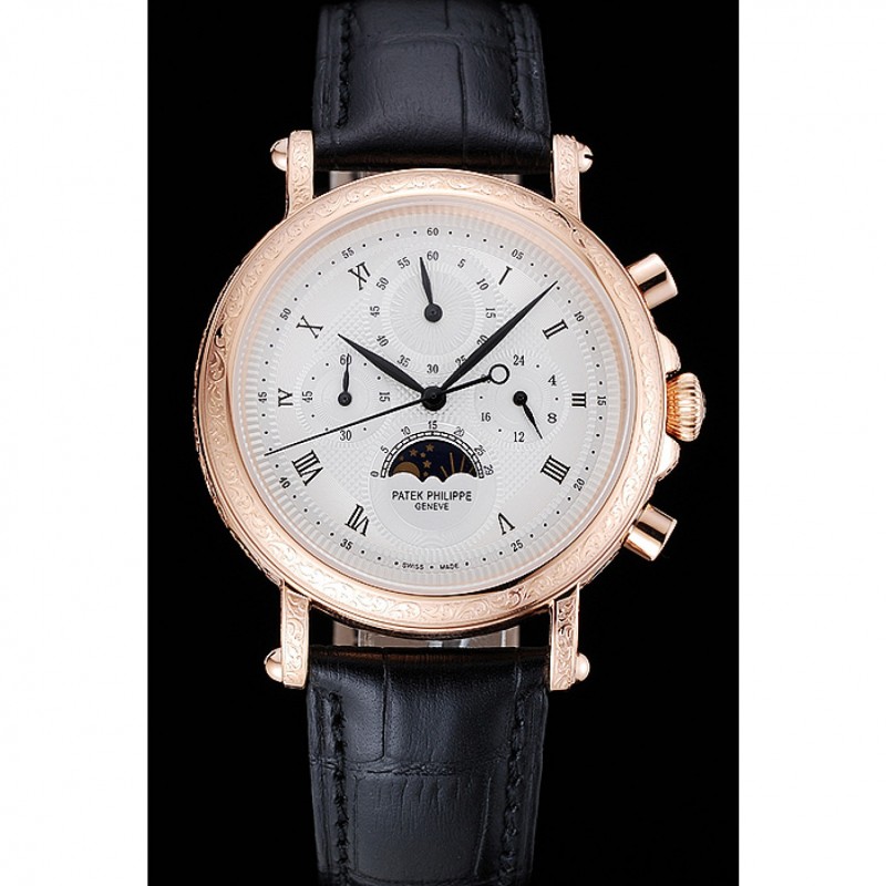 SS Replica Watches Patek Philippe Grand Complications White Dial Engraved Rose Gold Case Black Leather Bracelet 1454144-1