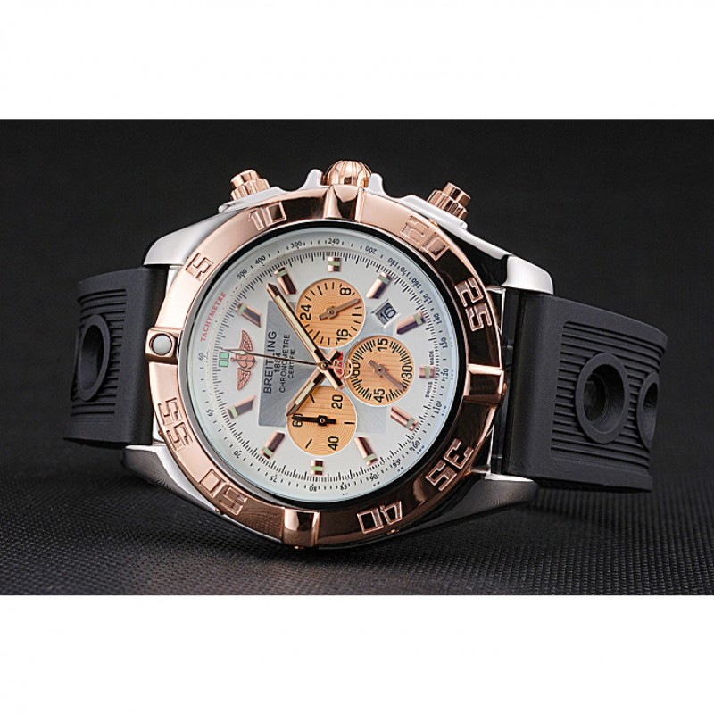 Breitling Chronomat White Dial Rose Gold Bezel And Subdials Stainless Steel Case Black Rubber Strap-3