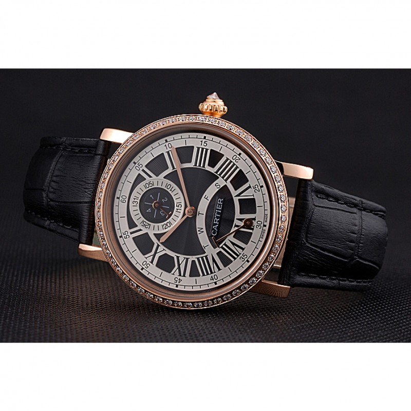 High Quality Replica Watches Cartier Rotonde Black And White Dial Gold Case With Jewels Black Leather Strap 622758-3