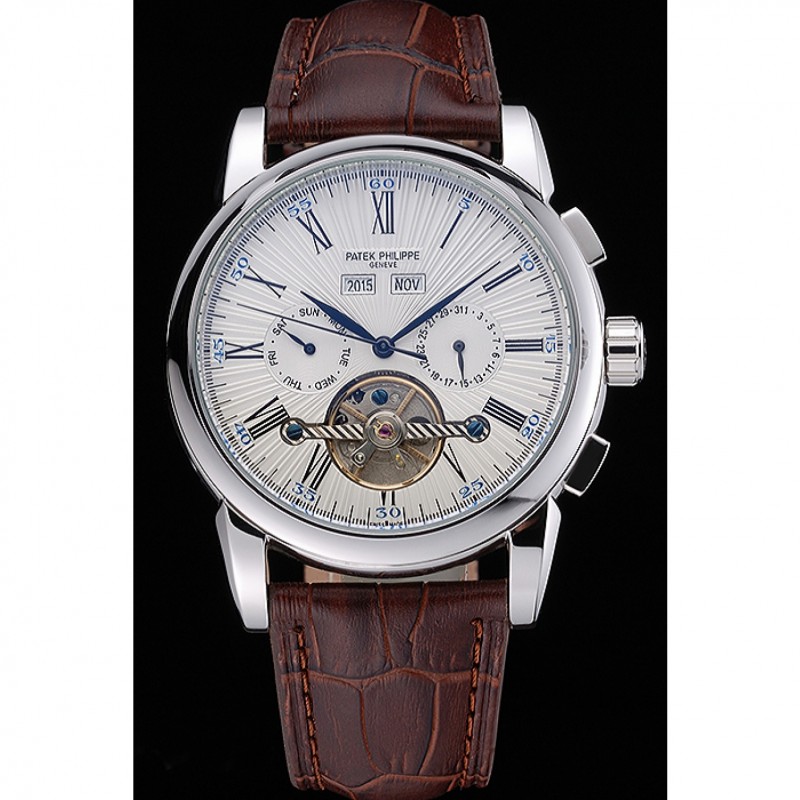 Patek Philippe Grand Complications Stainless Steel Case White Dial Roman Numerals Brown Leather Strap 622254-1