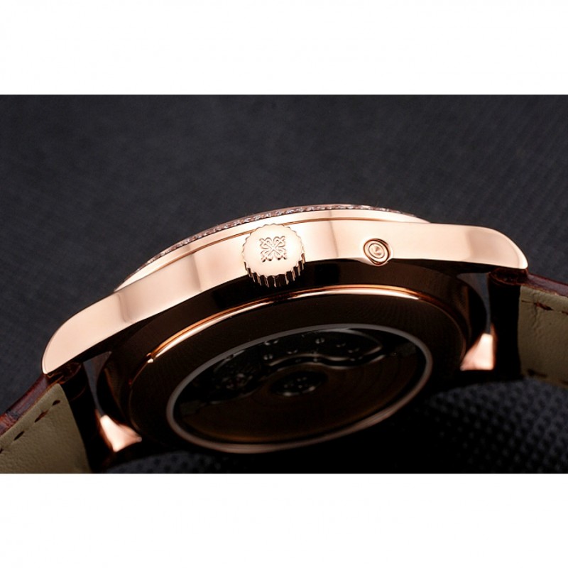 Cheap Replica Watches Swiss Patek Philippe Grand Complications Perpetual Calendar White Dial Rose Gold Case Diamond Bezel Brown Leather Strap-8
