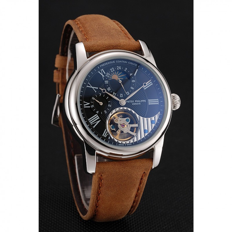 Patek Philippe Grand Complications GMT Moonphase Tourbillon Black Dial Stainless Steel Case Brown Suede Leather Strap 1453822-2