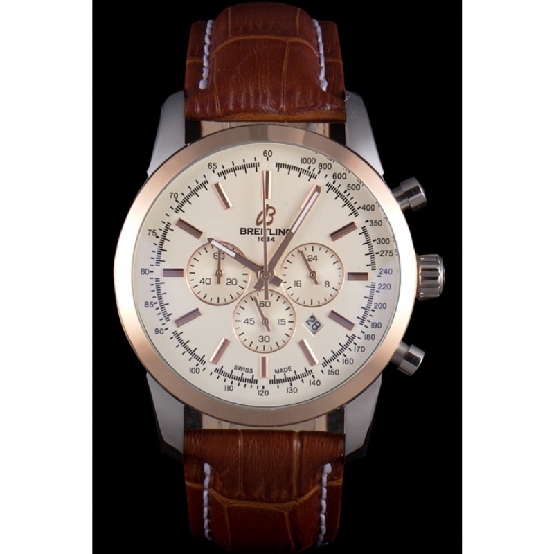 Breitling Transocean White Dial Light Brown Leather Strap Rose Gold Bezel-1