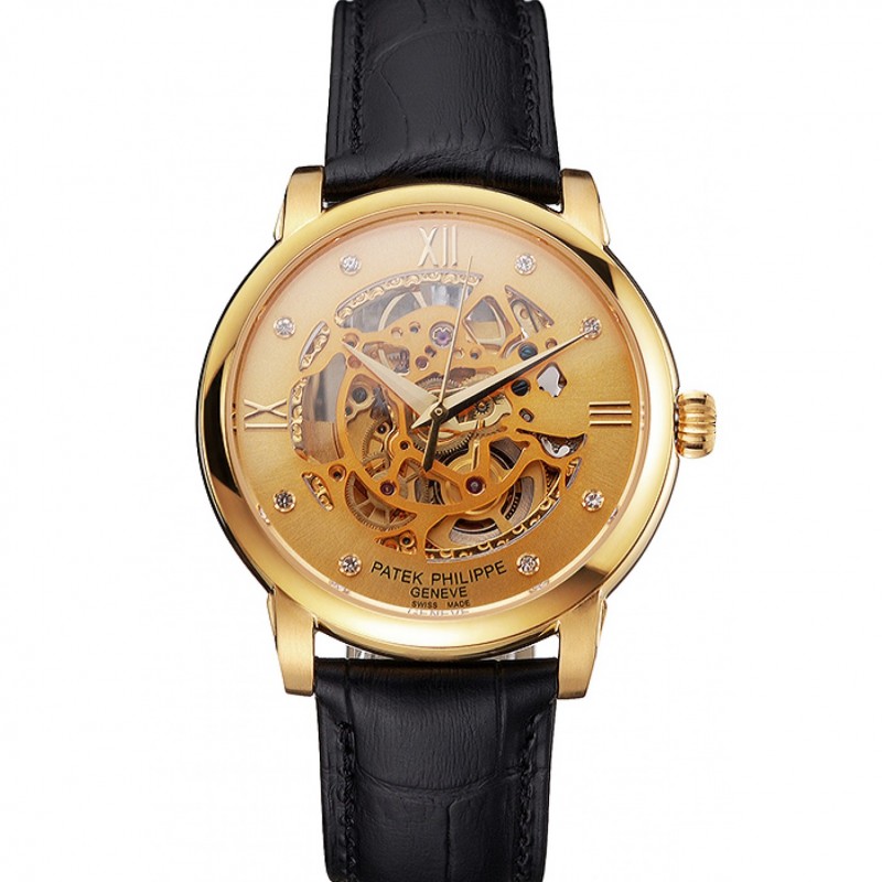 Swiss Patek Philippe Complications Openworked Dial Gold Case Black Leather Strap-0