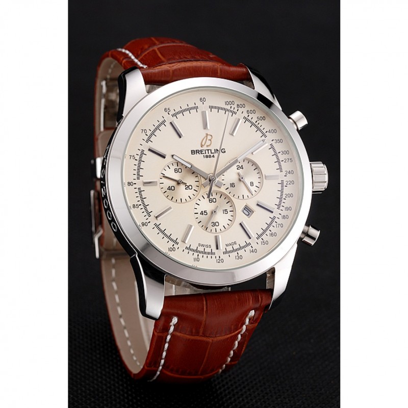 Breitling Transocean Beige Dial Brown Leather Strap Polished Stainless Steel Bezel-1