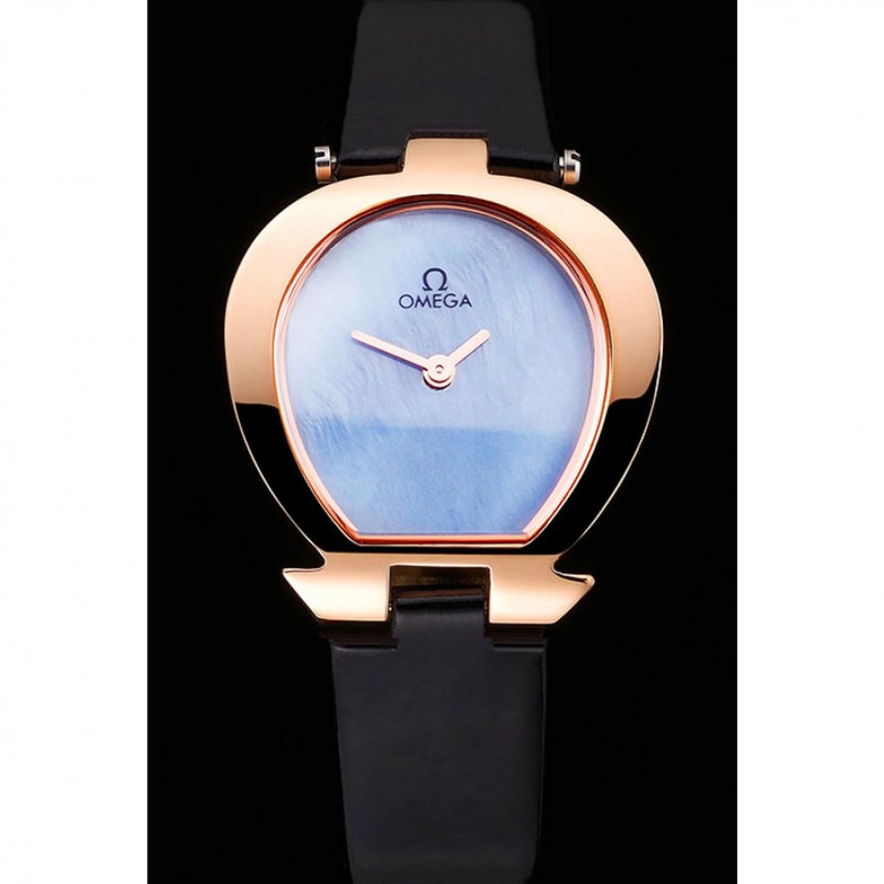 Omega Ladies Watch Sky Blue Dial Gold Case Black Leather Strap 622821-1