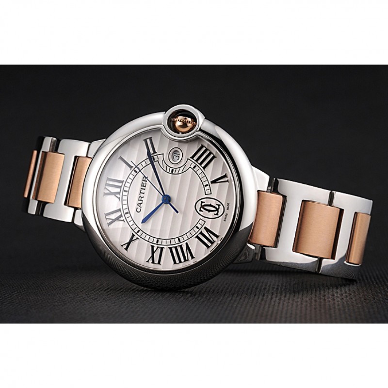 Swiss Ballon Blue De Cartier Steel Case White Dial Roman Numerals Two Tone Bracelet 622646-4