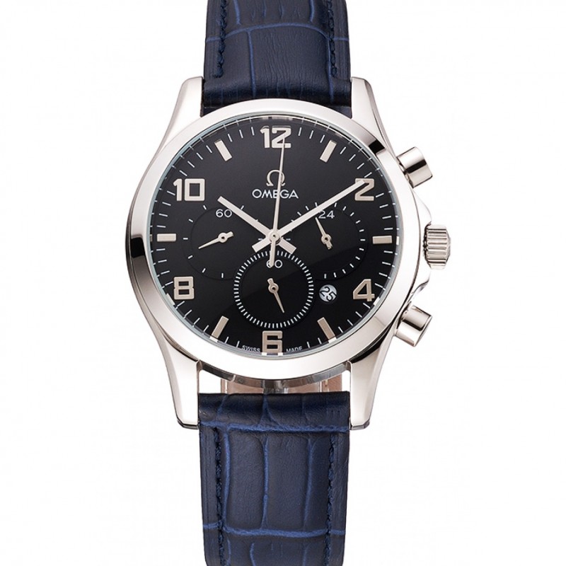 SS Replica Watches Omega Chronograph Black Dial Stainless Steel Case Blue Leather Strap-0