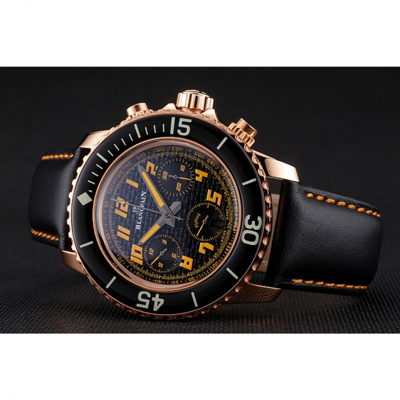 Swiss Blancpain Fifty Fathoms Flyback Chronograp Carbon Fiber Dial Rose Gold Case Black Leather Strap-4