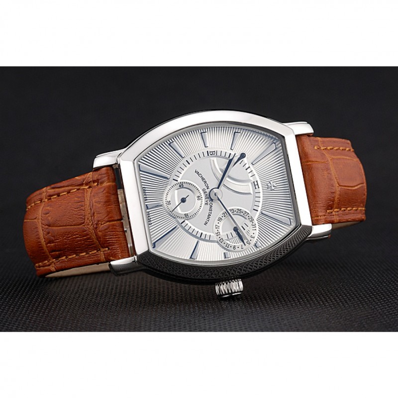 Vacheron Constantin Malte White Dial Stainless Steel Case Brown Leather Bracelet-3