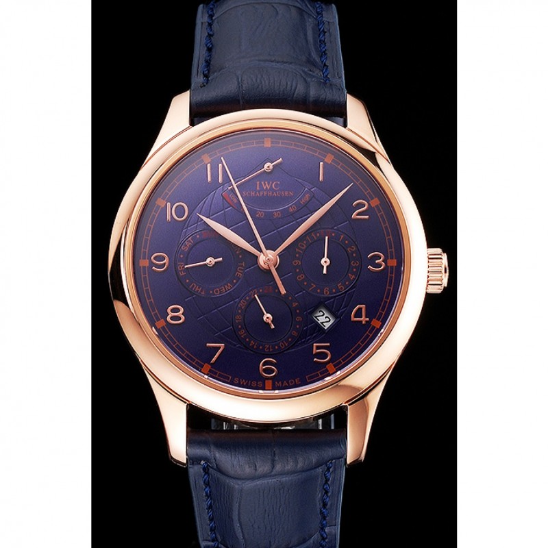 Cheap Replica Watches Swiss IWC Portugieser Power Reserve Blue Dial Rose Gold Case Blue Leather Strap-1