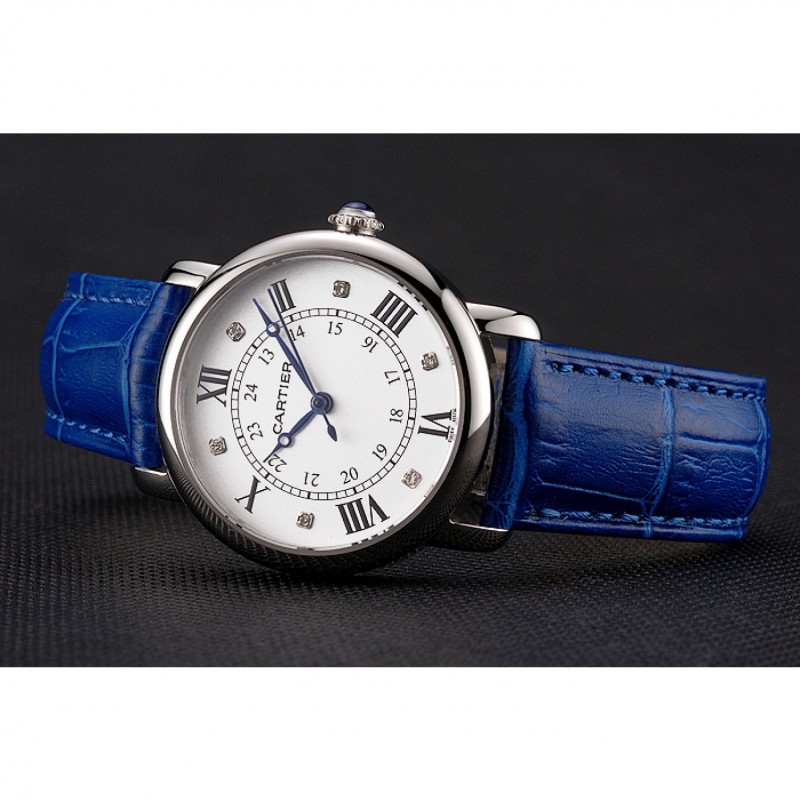 Cartier Ronde White Dial Diamond Hour Marks Stainless Steel Case Blue Leather Strap-4